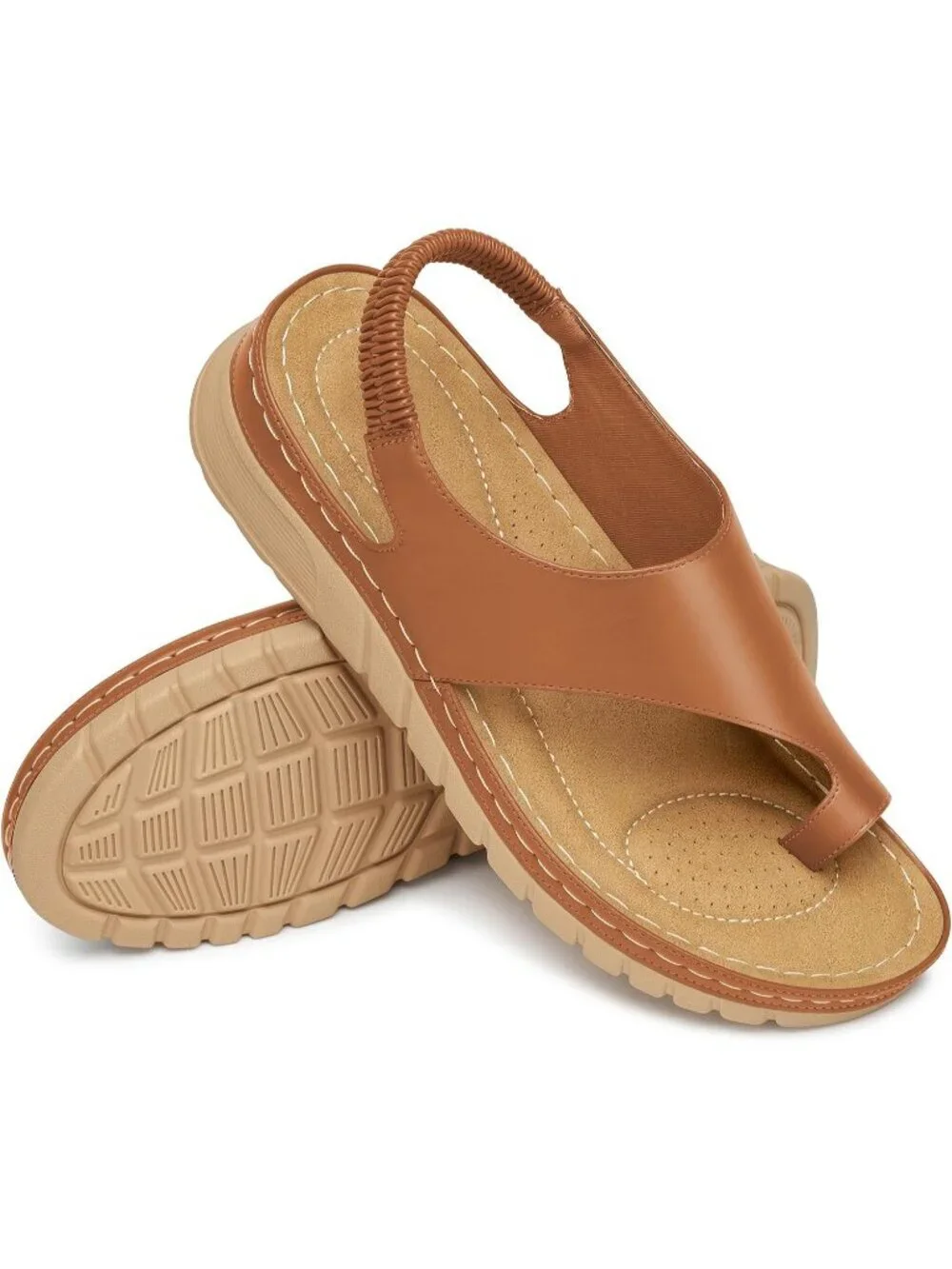 Women's Brown Cushioned Soft PU Leather Lightweight Comfortable Wedge Sandal